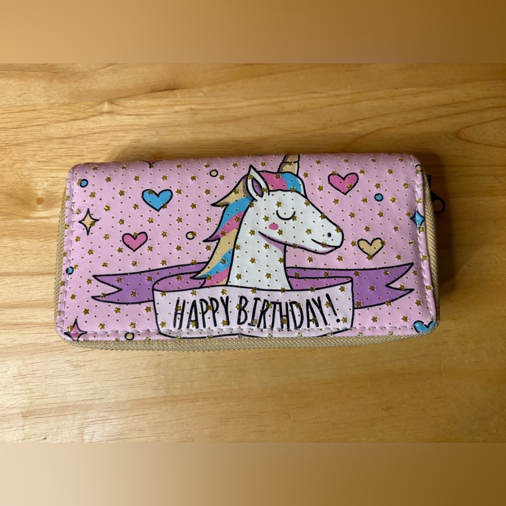 Unicorn Happy Birthday Zip Around Wallet Pink Gold Stars Wristlet Clutch - Picture 3 of 9